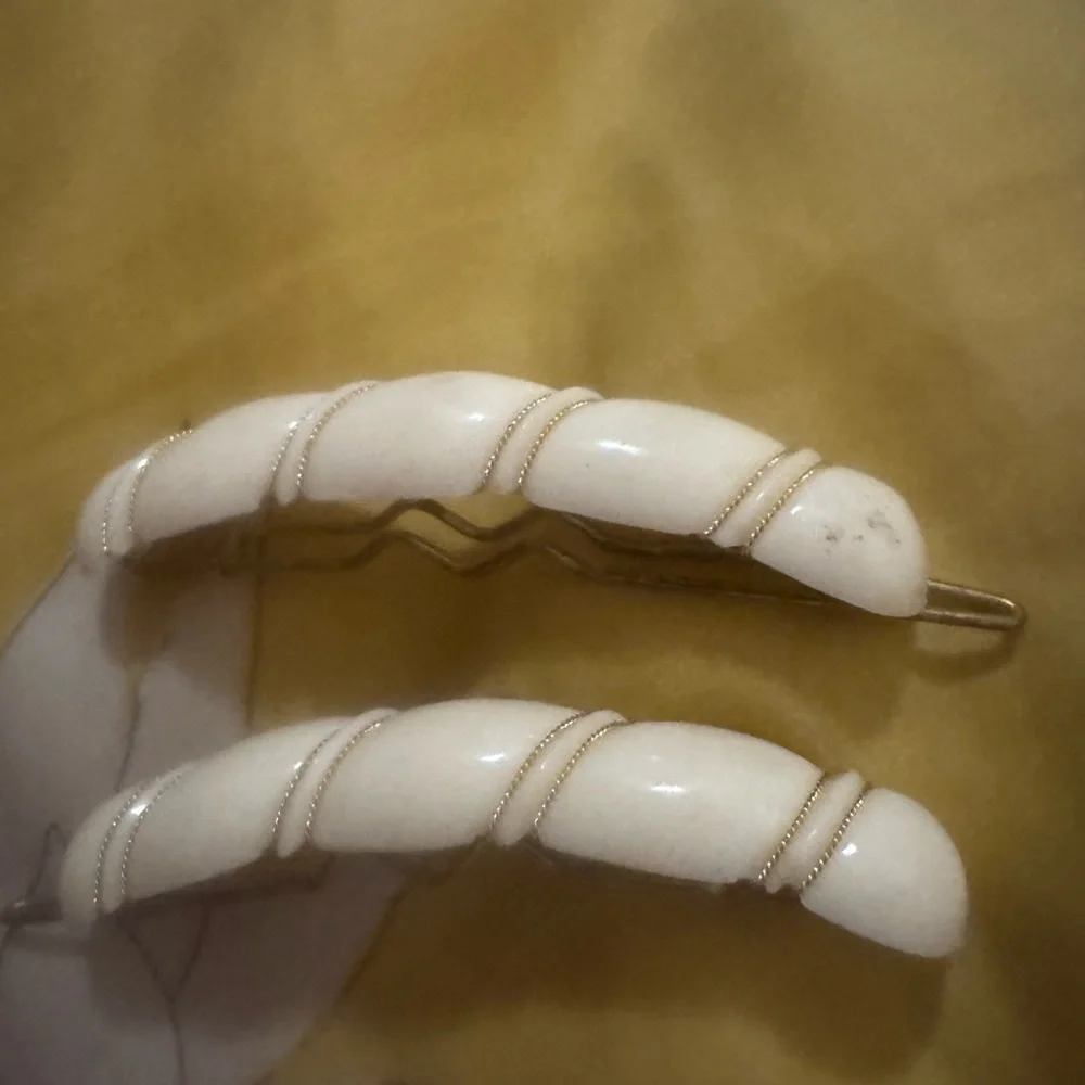 White Twisted Resin Hair Clips with Gold Wire Detail